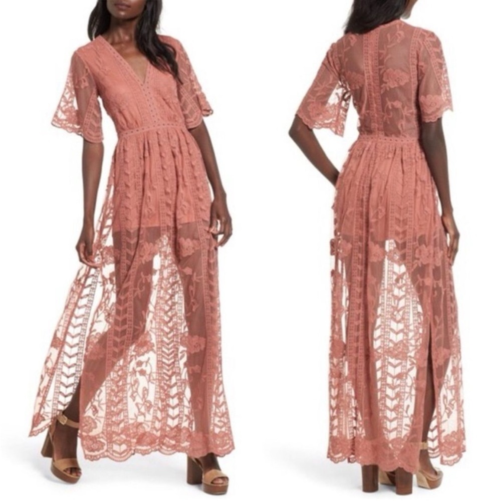 Socialite Dusty Rose Maxi Dress Romper with Lace overlay- Worn once!